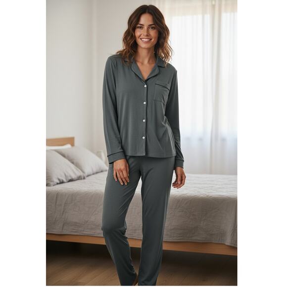 Eberjey Gisele Pajama Set Women's Medium Long Sleeve Pant Kelp Green PJ1018 - Picture 1 of 9